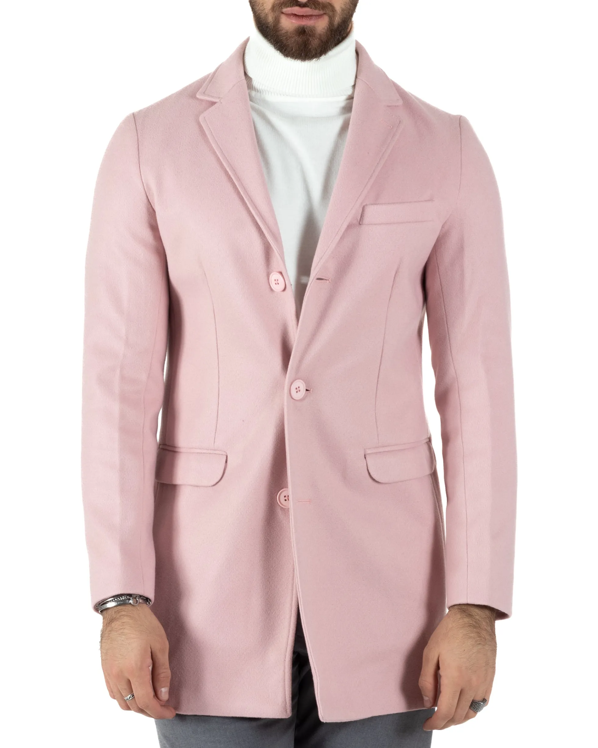 Cappotto Monopetto Uomo Giacca Colletto Rever Giaccone Tinta Unita Rosa Baronetto Elegante GIOSAL-CO1020A