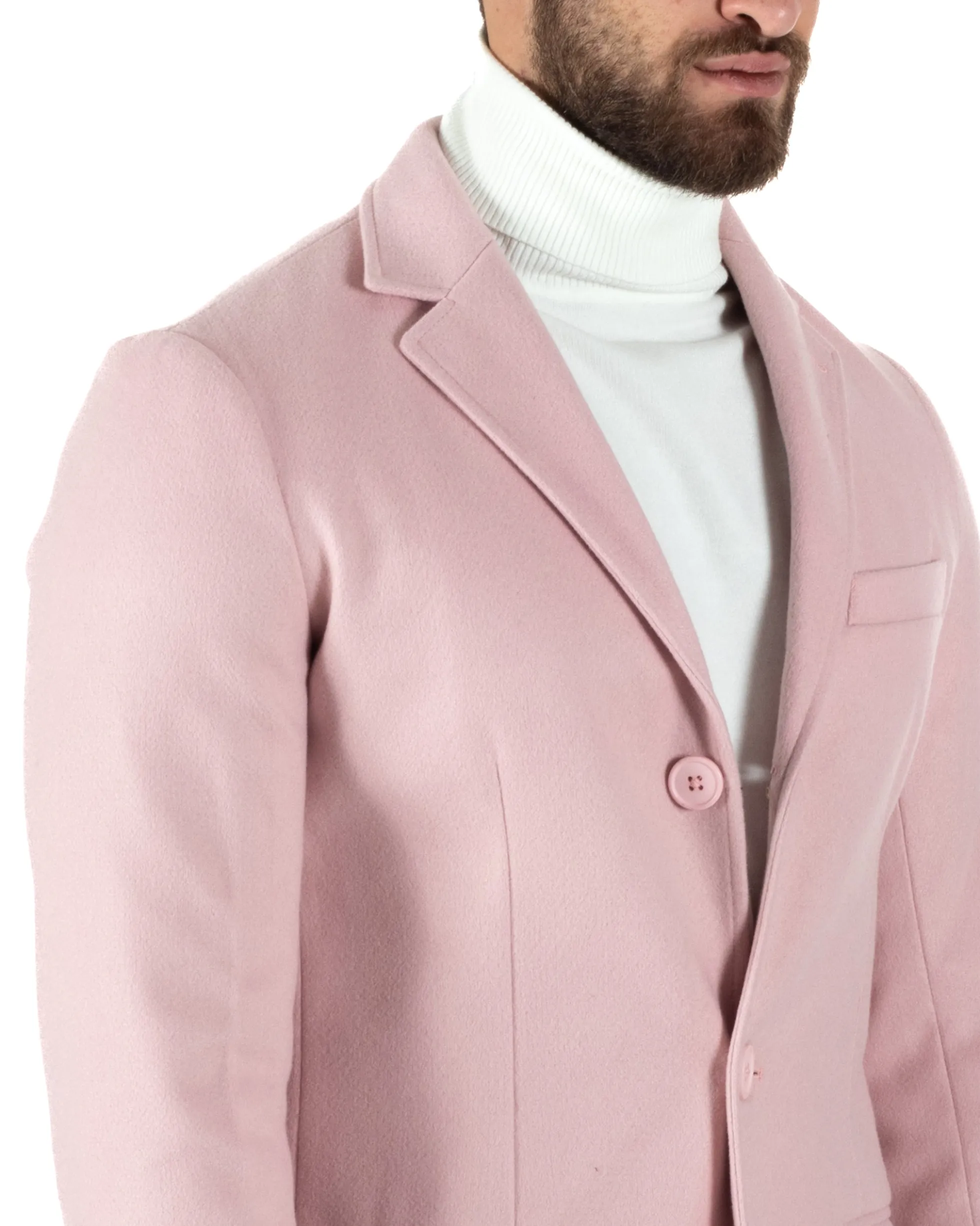 Cappotto Monopetto Uomo Giacca Colletto Rever Giaccone Tinta Unita Rosa Baronetto Elegante GIOSAL-CO1020A