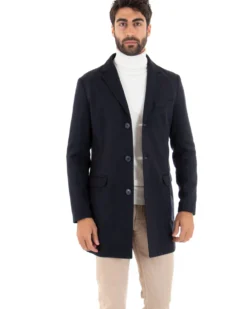 Cappotto Monopetto Uomo Giacca Colletto Rever Giaccone Tinta Unita Blu Baronetto Elegante GIOSAL-CO1069A