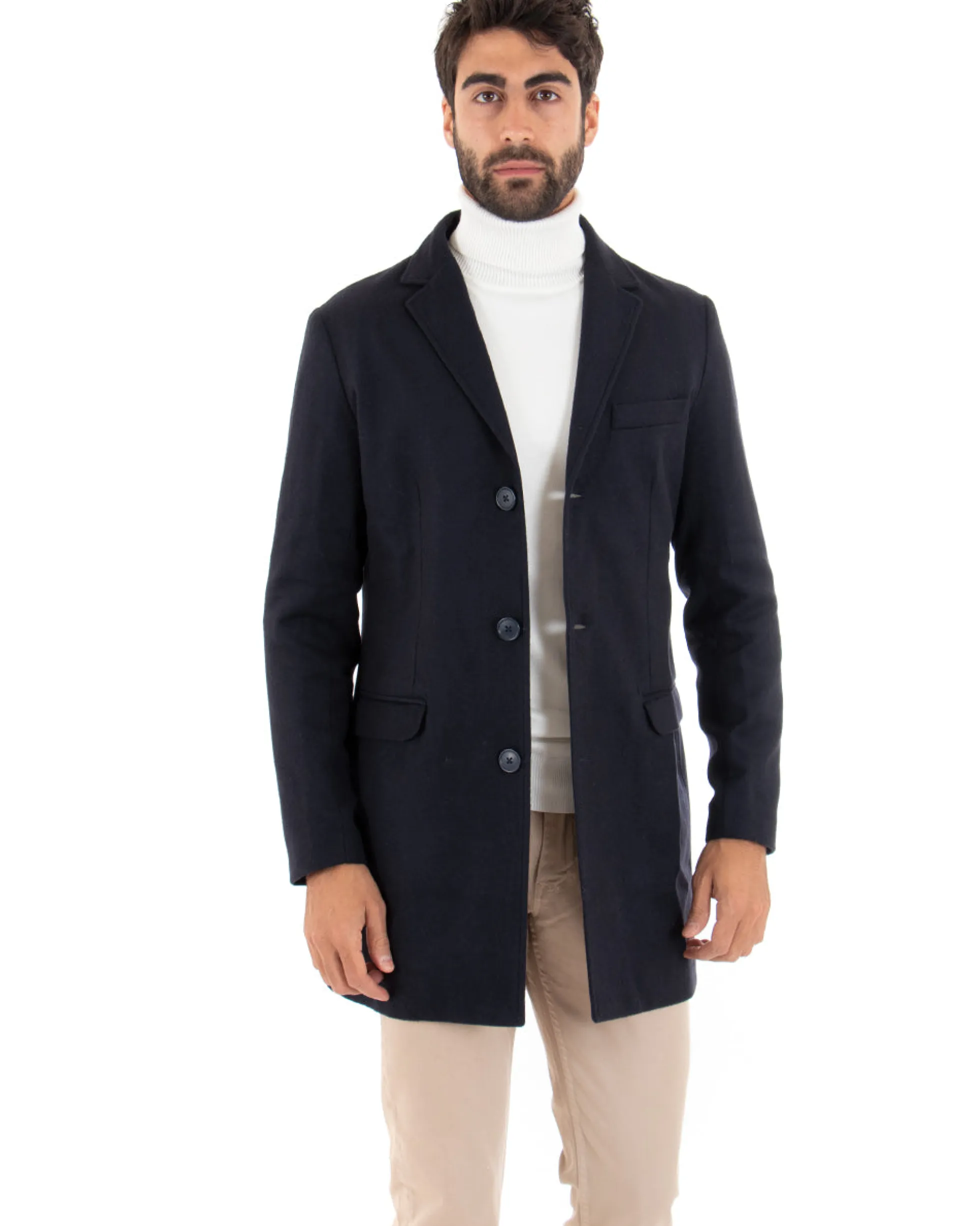 Cappotto Monopetto Uomo Giacca Colletto Rever Giaccone Tinta Unita Blu Baronetto Elegante GIOSAL-CO1069A