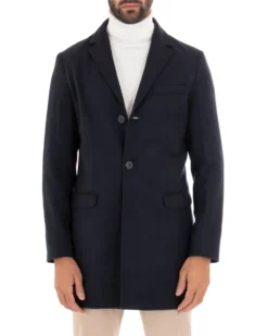 Cappotto Monopetto Uomo Giacca Colletto Rever Giaccone Tinta Unita Blu Baronetto Elegante GIOSAL-CO1069A