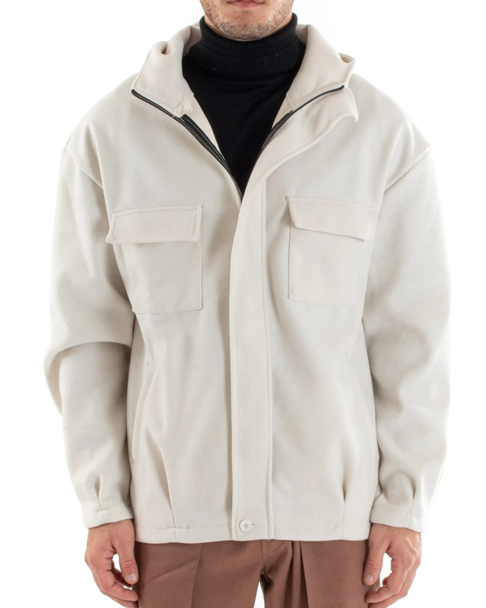 Cappotto Uomo Camoscio Giubbotto Con Cappuccio Giacca Calda Con Zip Tinta Unita Panna Casual GIOSAL-G2948A