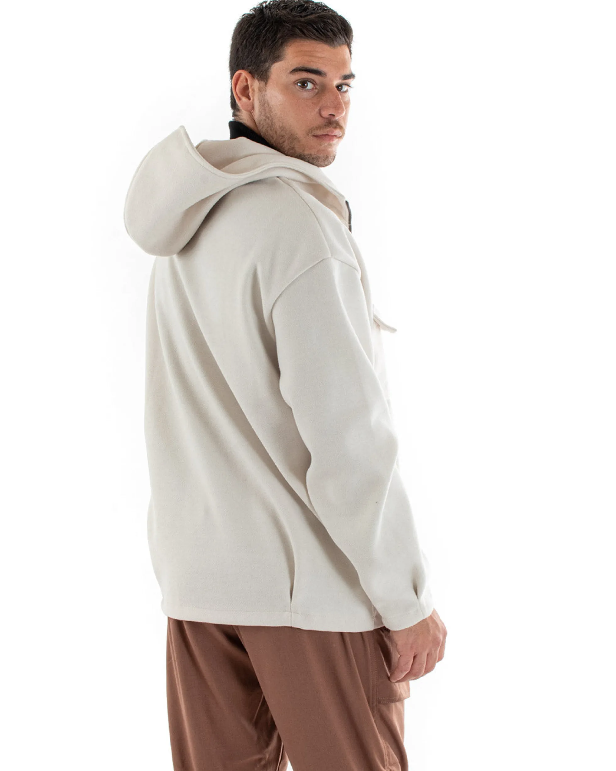 Cappotto Uomo Camoscio Giubbotto Con Cappuccio Giacca Calda Con Zip Tinta Unita Panna Casual GIOSAL-G2948A