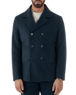 Cappotto Uomo Corto Doppiopetto Martingala Giaccone In Panno Blu CO1099A