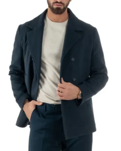 Cappotto Uomo Corto Doppiopetto Martingala Giaccone In Panno Blu CO1099A