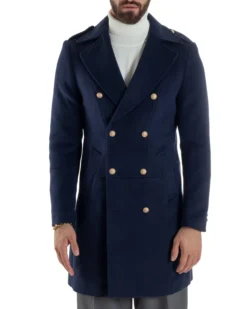 Cappotto Uomo Doppiopetto Lungo Revers A Lancia Tessuto Panno Bottoni Oro Blu CO1081A