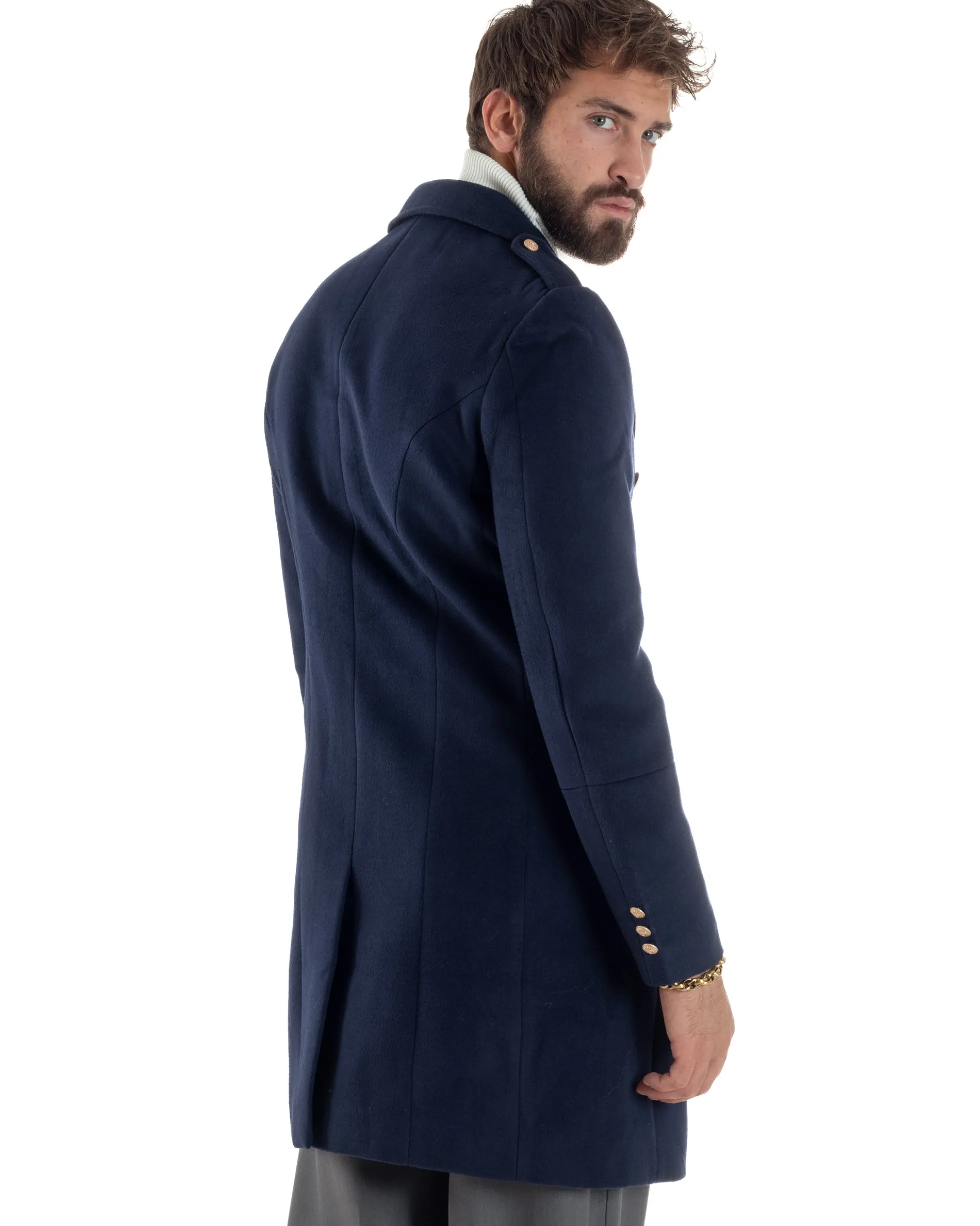Cappotto Uomo Doppiopetto Lungo Revers A Lancia Tessuto Panno Bottoni Oro Blu CO1081A