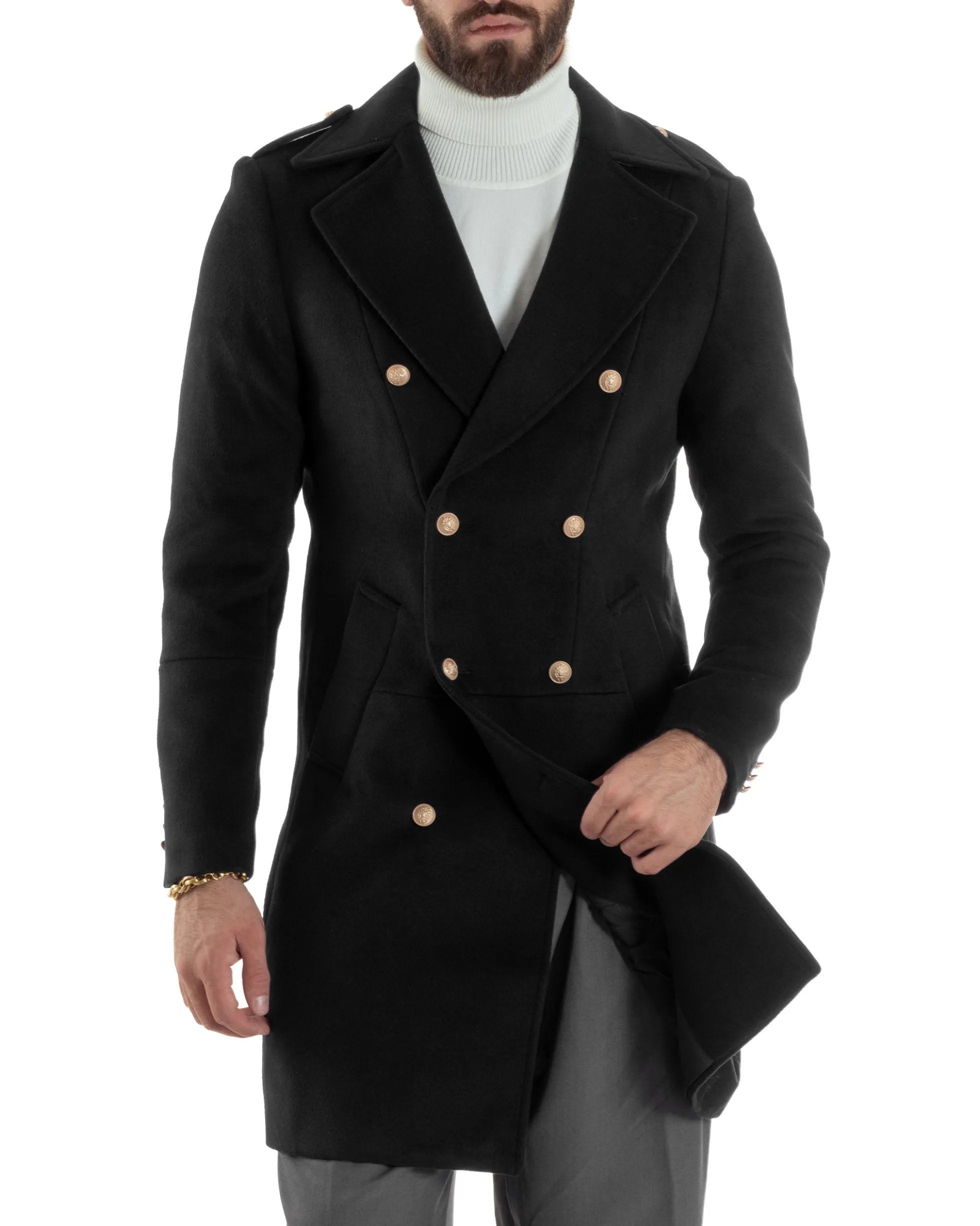 Cappotto Uomo Doppiopetto Lungo Revers A Lancia Tessuto Panno Bottoni Oro Nero CO1079A