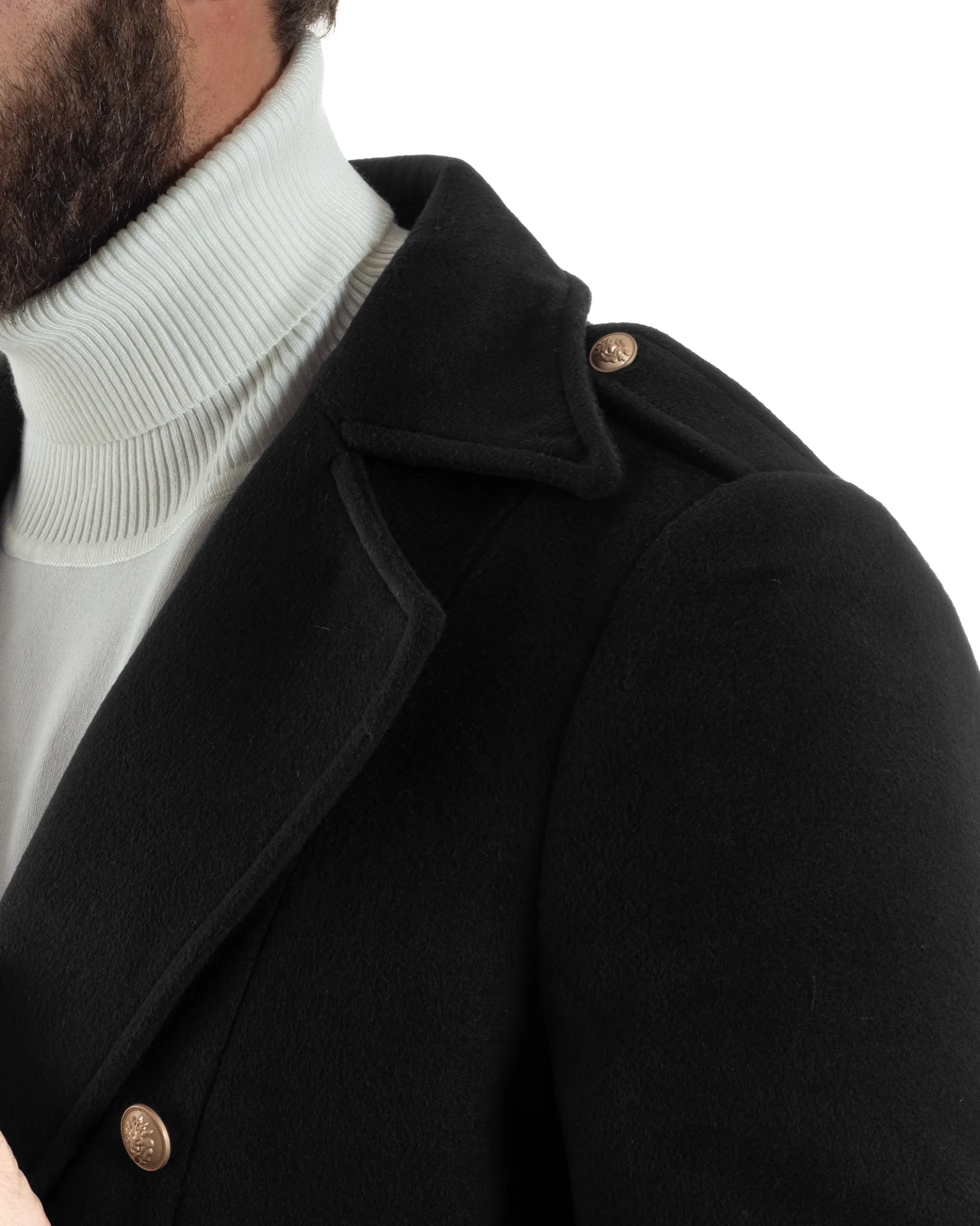 Cappotto Uomo Doppiopetto Lungo Revers A Lancia Tessuto Panno Bottoni Oro Nero CO1079A