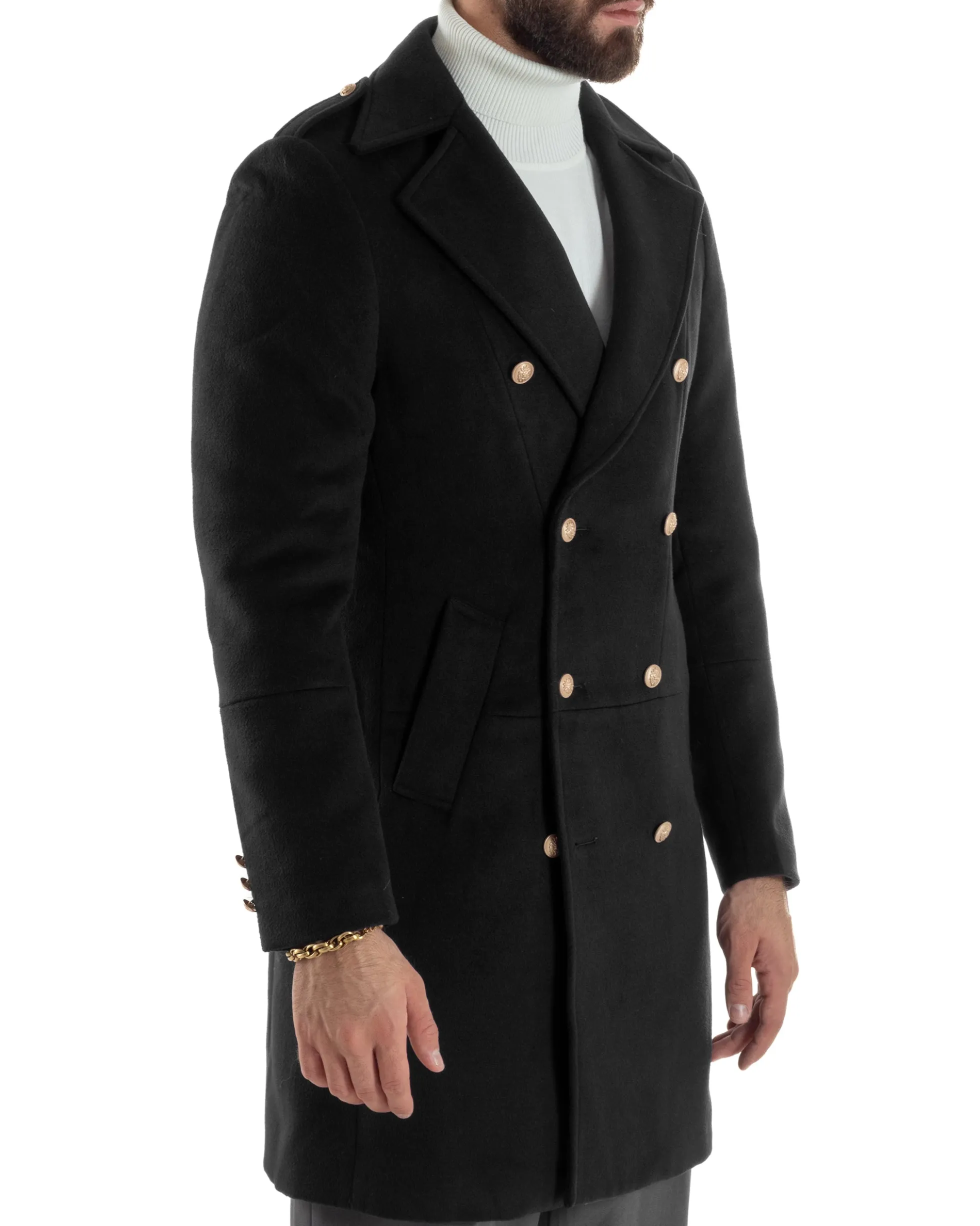 Cappotto Uomo Doppiopetto Lungo Revers A Lancia Tessuto Panno Bottoni Oro Nero CO1079A