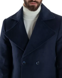 Cappotto Uomo Doppiopetto Lungo Revers A Lancia Tessuto Panno Tinta Unita Blu CO1087A