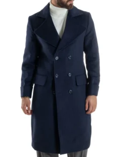 Cappotto Uomo Doppiopetto Lungo Revers A Lancia Tessuto Panno Tinta Unita Blu CO1087A