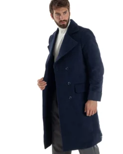 Cappotto Uomo Doppiopetto Lungo Revers A Lancia Tessuto Panno Tinta Unita Blu CO1087A
