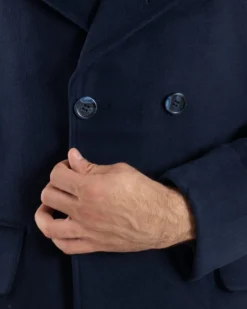 Cappotto Uomo Doppiopetto Lungo Revers A Lancia Tessuto Panno Tinta Unita Blu CO1087A