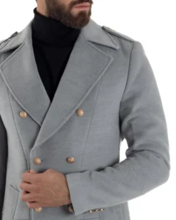 Cappotto Uomo Doppiopetto Lungo Revers A Lancia Tessuto Panno Bottoni Oro Grigio CO1078A