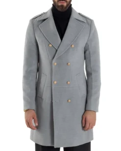 Cappotto Uomo Doppiopetto Lungo Revers A Lancia Tessuto Panno Bottoni Oro Grigio CO1078A