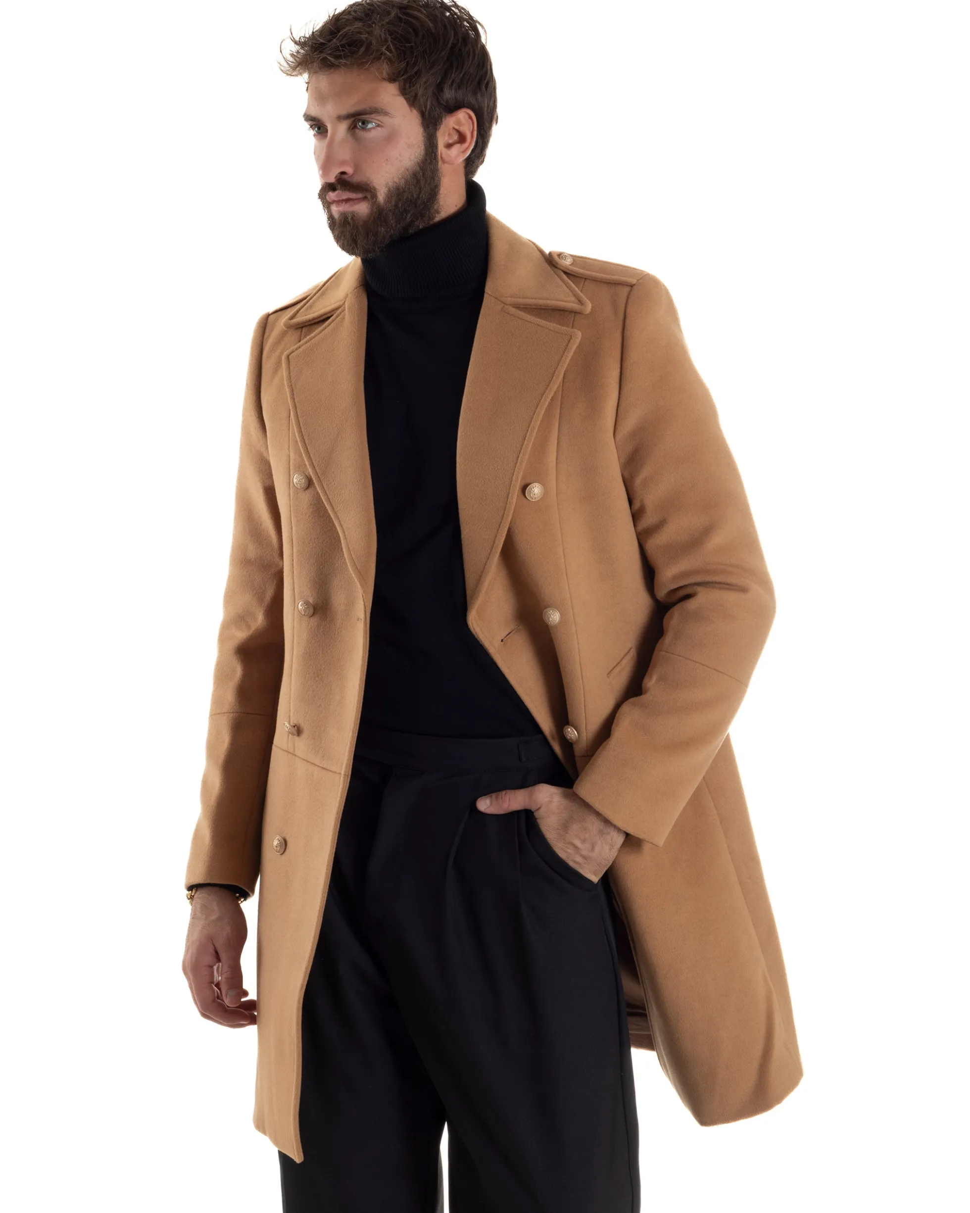 Cappotto Uomo Doppiopetto Lungo Revers A Lancia Tessuto Panno Bottoni Oro Camel CO1080A