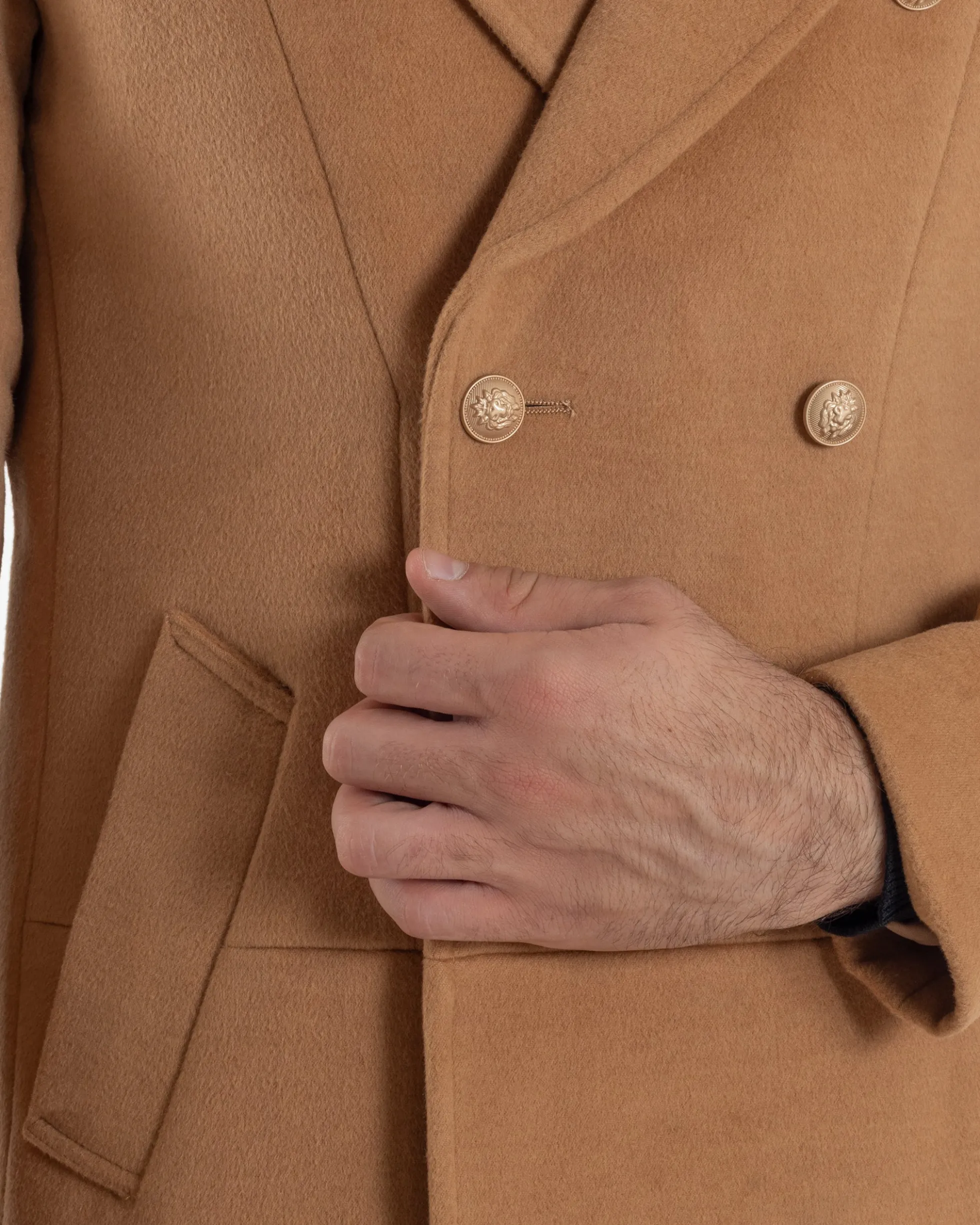 Cappotto Uomo Doppiopetto Lungo Revers A Lancia Tessuto Panno Bottoni Oro Camel CO1080A