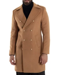 Cappotto Uomo Doppiopetto Lungo Revers A Lancia Tessuto Panno Bottoni Oro Camel CO1080A