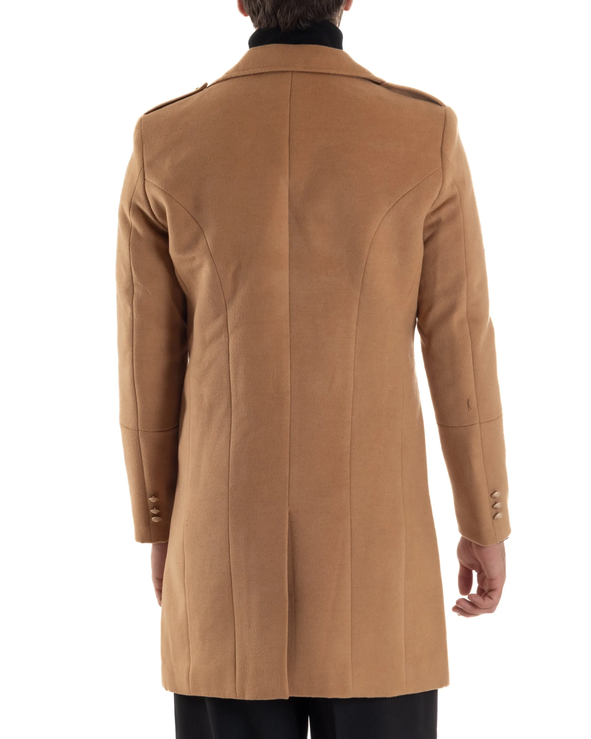 Cappotto Uomo Doppiopetto Lungo Revers A Lancia Tessuto Panno Bottoni Oro Camel CO1080A
