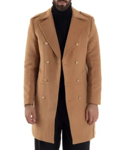 Cappotto Uomo Doppiopetto Lungo Revers A Lancia Tessuto Panno Bottoni Oro Camel CO1080A