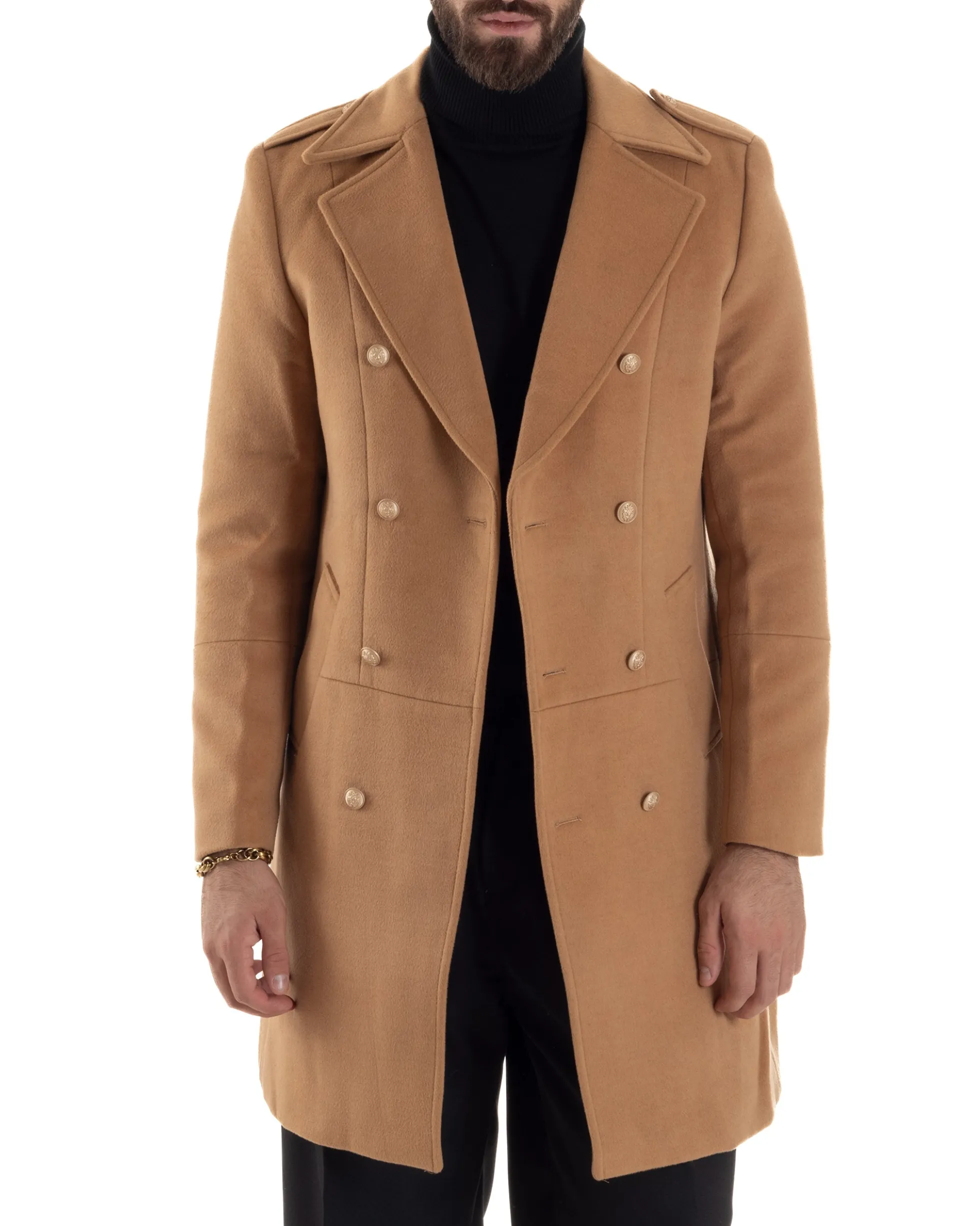 Cappotto Uomo Doppiopetto Lungo Revers A Lancia Tessuto Panno Bottoni Oro Camel CO1080A