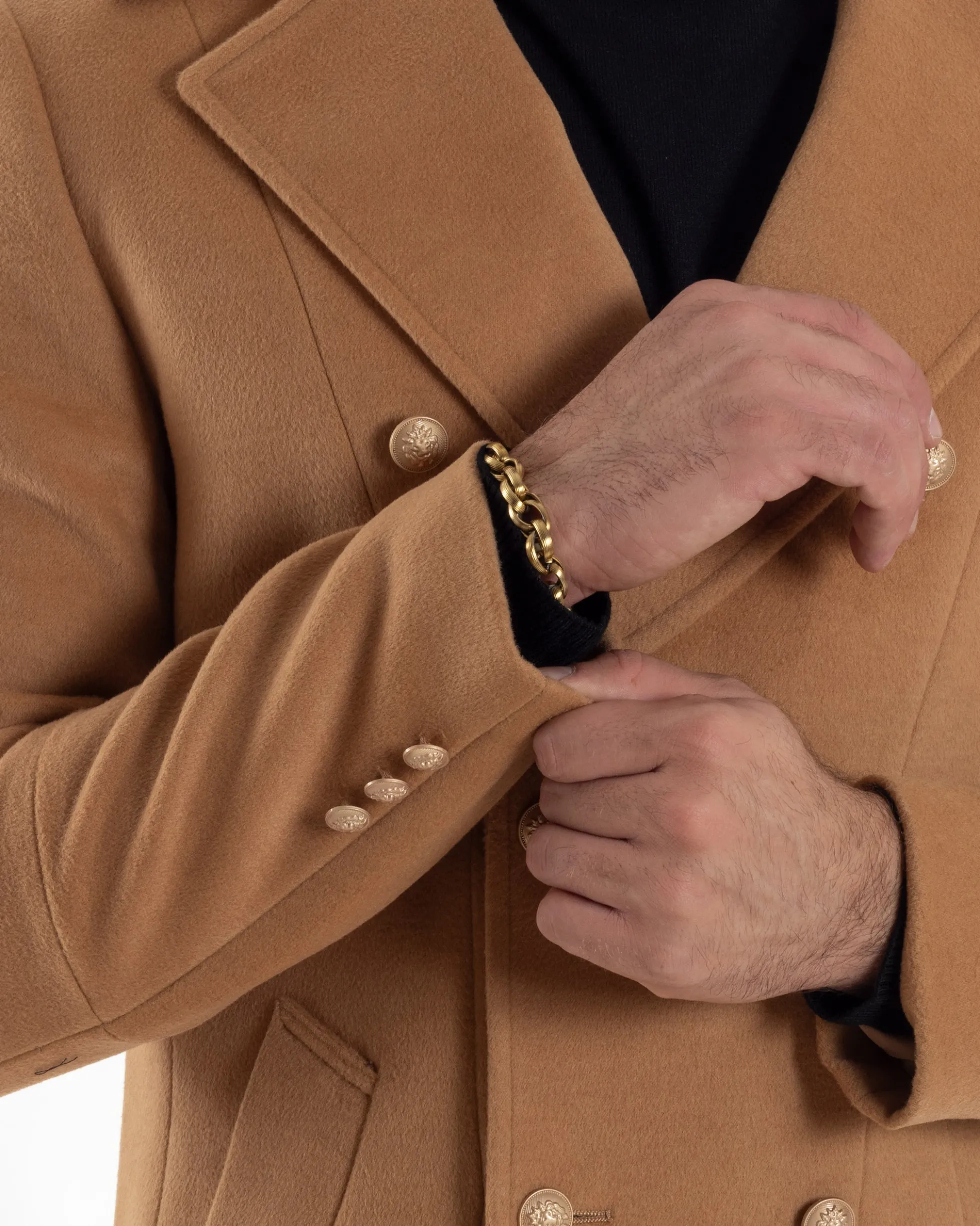 Cappotto Uomo Doppiopetto Lungo Revers A Lancia Tessuto Panno Bottoni Oro Camel CO1080A
