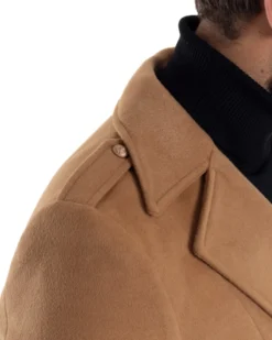 Cappotto Uomo Doppiopetto Lungo Revers A Lancia Tessuto Panno Bottoni Oro Camel CO1080A