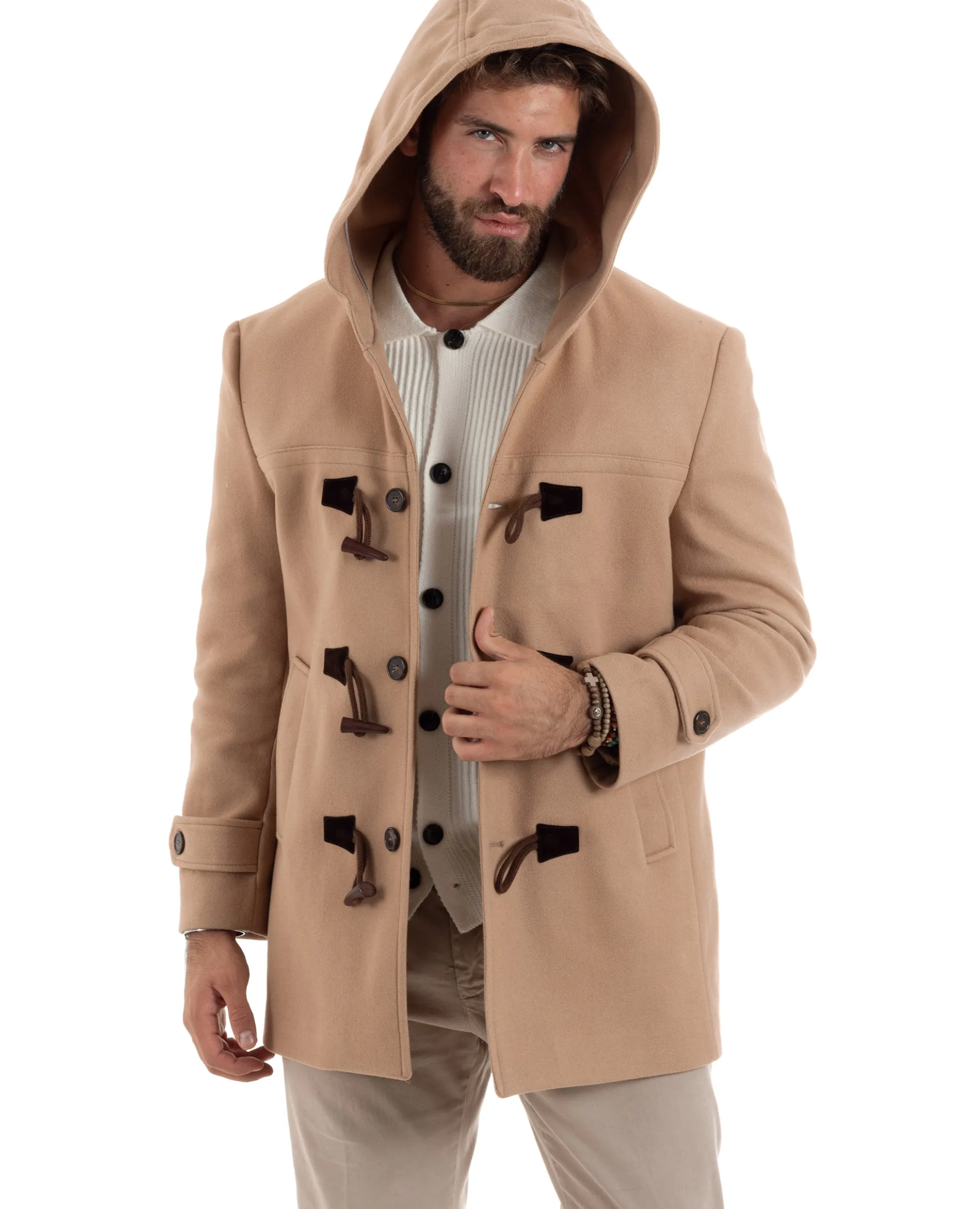 Cappotto Uomo Lana Montgomery Con Alamari E Cappuccio Camel CO1041A