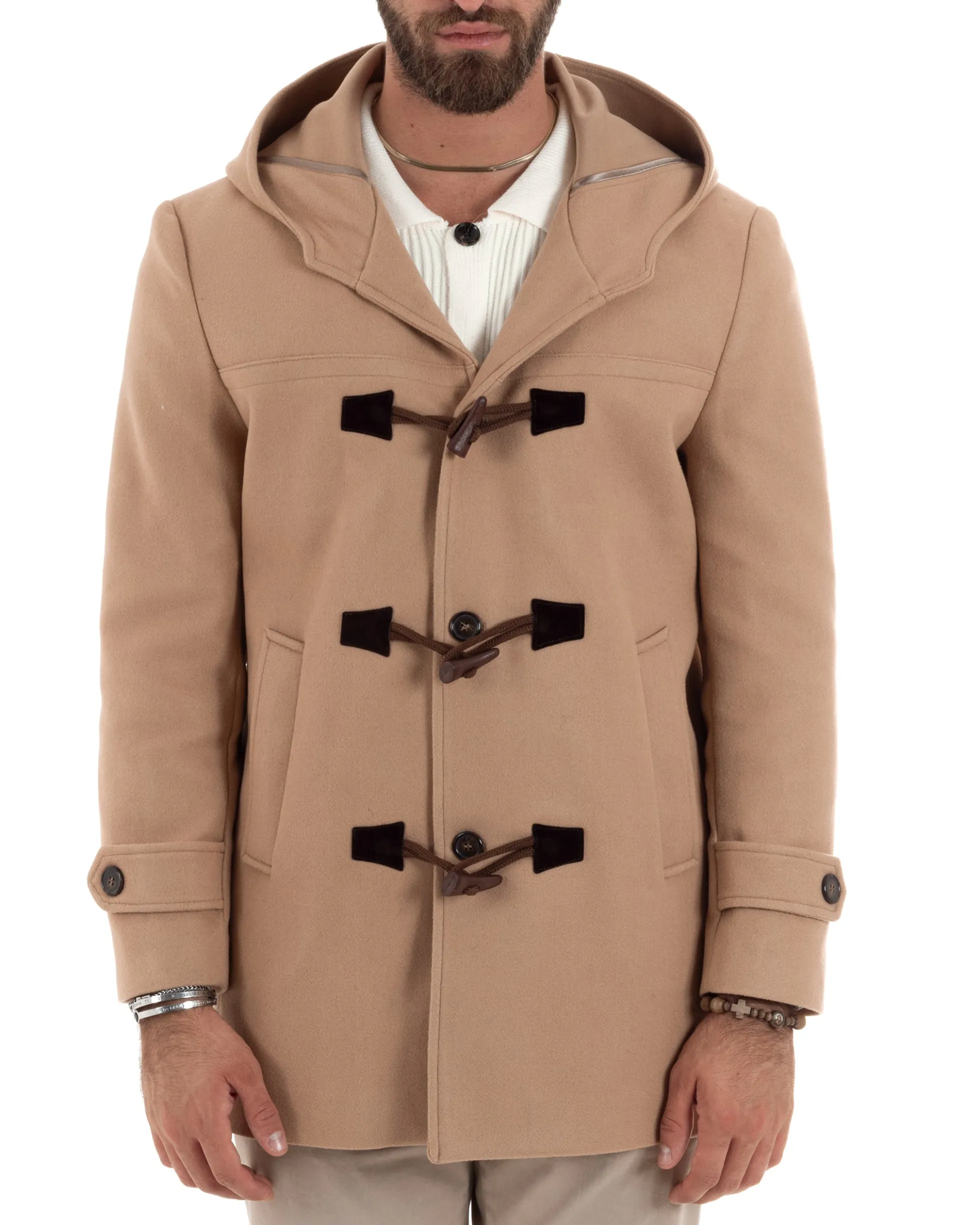 Cappotto Uomo Lana Montgomery Con Alamari E Cappuccio Camel CO1041A