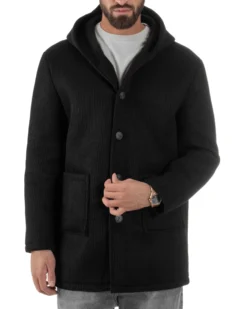 Cappotto Uomo Monopetto Cappuccio Maglia A Coste Nero CO1098A