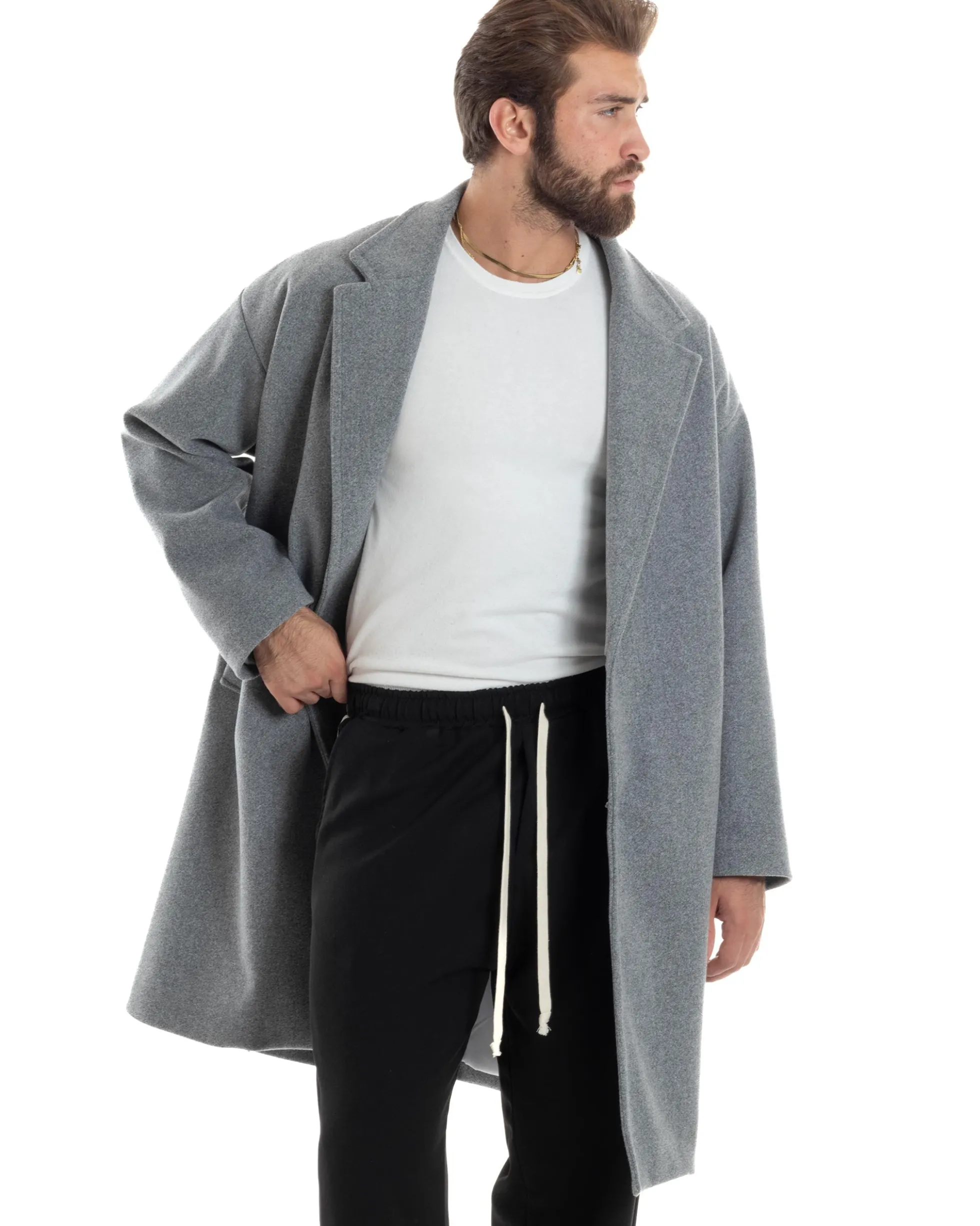 Cappotto Uomo Oversize Monopetto Maniche Raglan Collo Rever Grigio CO1065A