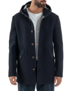 Cappotto Uomo Parka Lungo Cappuccio Tessuto Scuba Lana Blu Over-D OC1F2W5J35