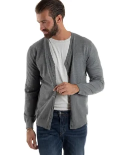 Cardigan Maglia Sottile Scollo a V Basic Grigio M2691A
