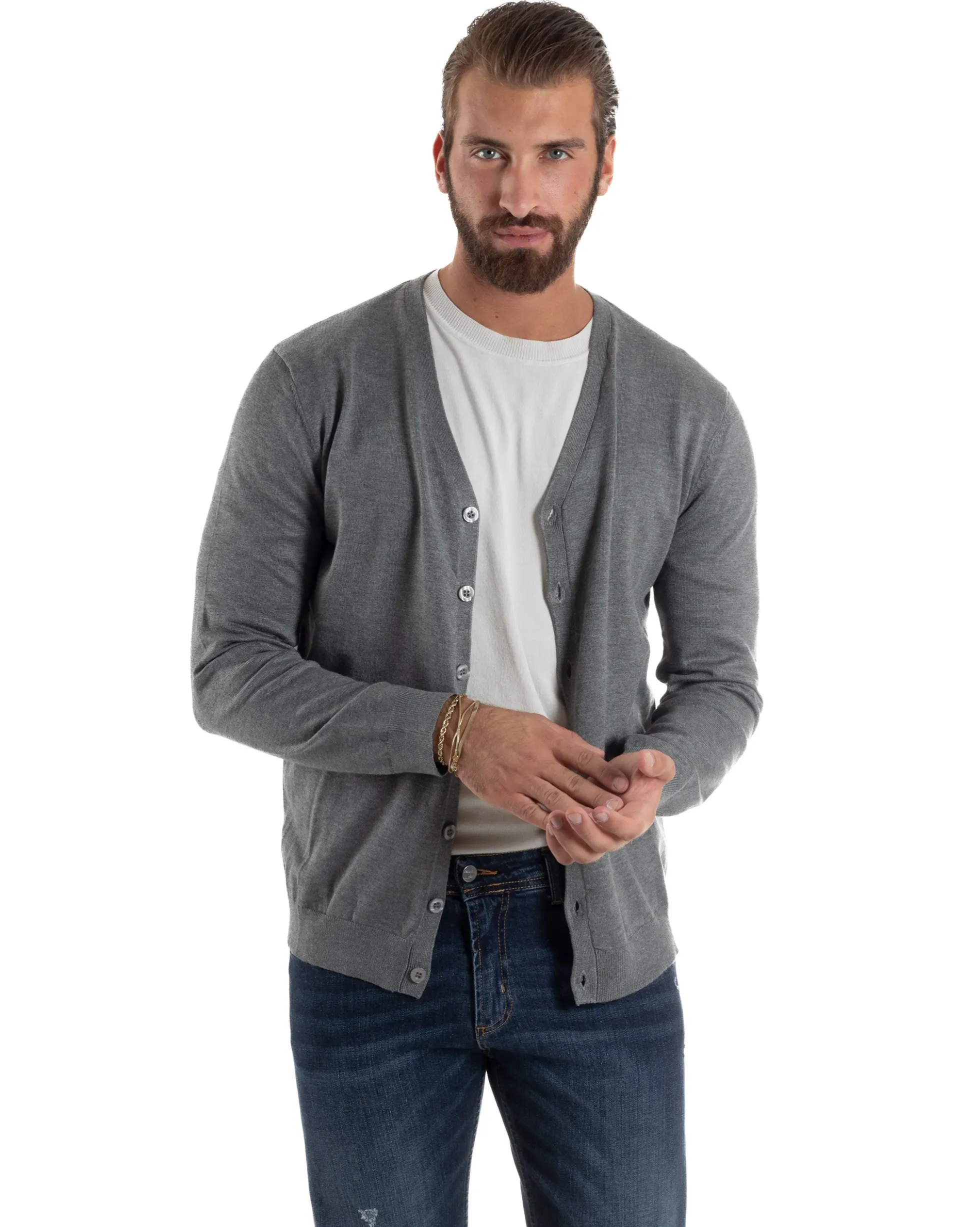 Cardigan Maglia Sottile Scollo a V Basic Grigio M2691A