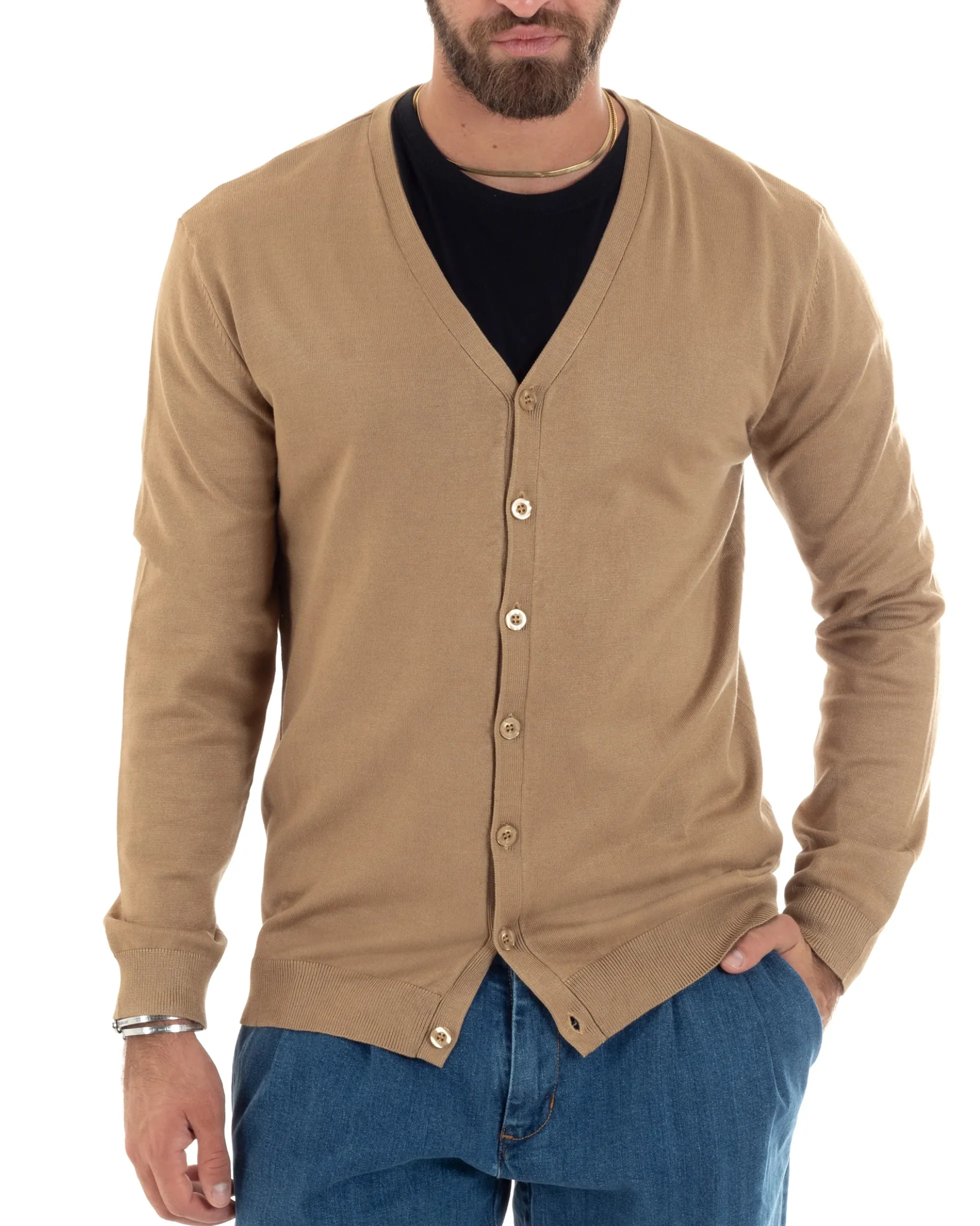 Cardigan Maglia Sottile Scollo a V Basic Beige M2952A