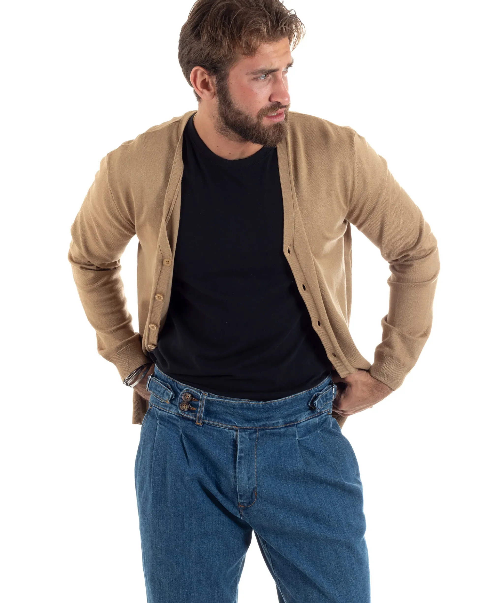 Cardigan Maglia Sottile Scollo a V Basic Beige M2952A