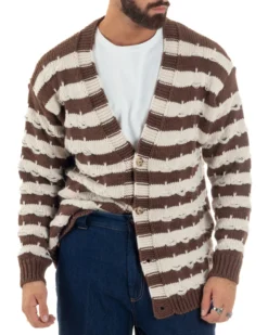 Cardigan Uomo Bicolore Maglia Over Scollo V Rotture Marrone Berna M-252010