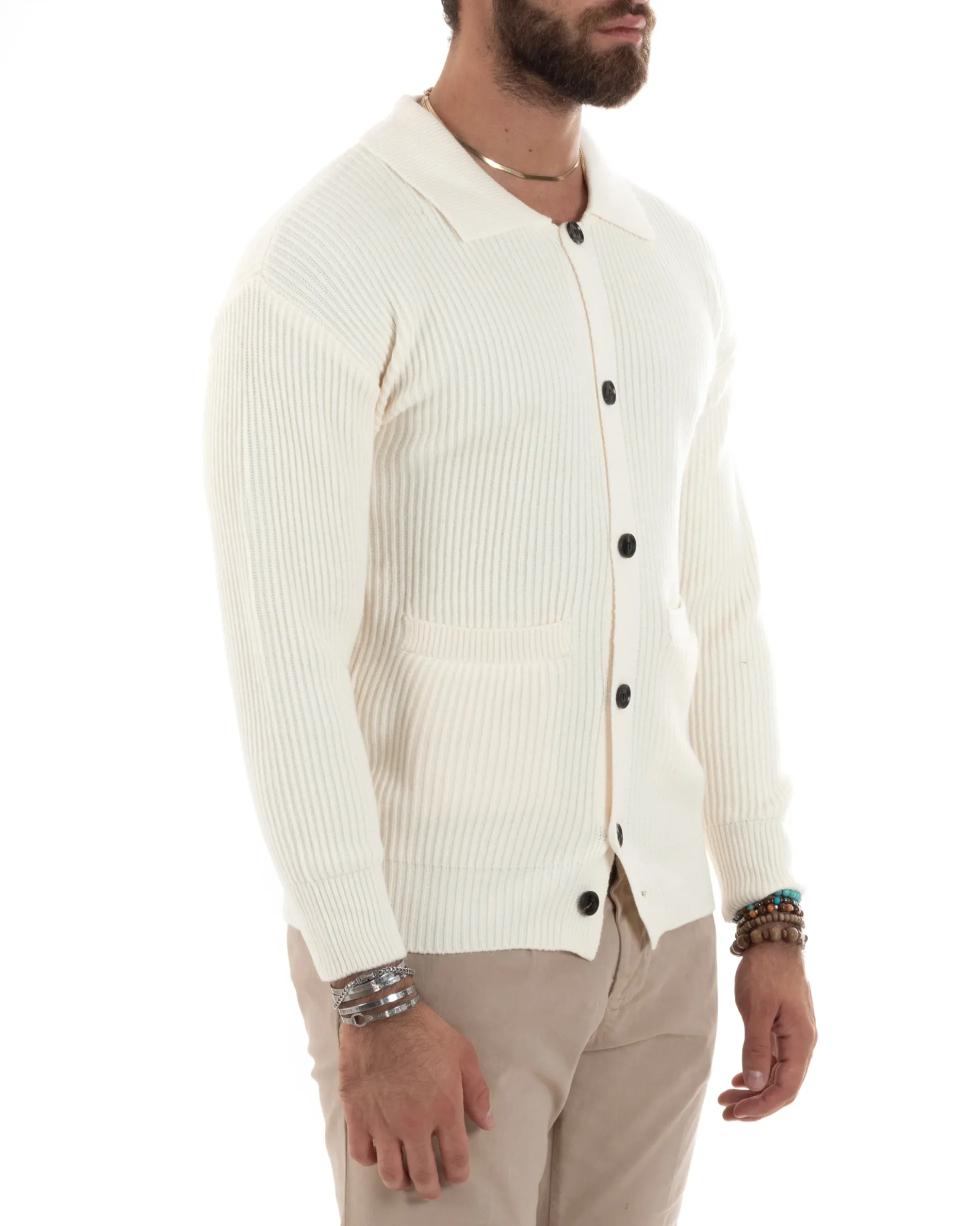 Cardigan Uomo Con Bottoni Maglioncino Con Colletto Polo Maniche Lunghe Tinta Unita Panna GIOSAL-M2947A