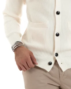 Cardigan Uomo Con Bottoni Maglioncino Con Colletto Polo Maniche Lunghe Tinta Unita Panna GIOSAL-M2947A