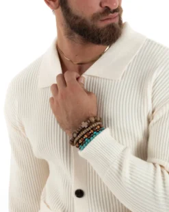 Cardigan Uomo Con Bottoni Maglioncino Con Colletto Polo Maniche Lunghe Tinta Unita Panna GIOSAL-M2947A