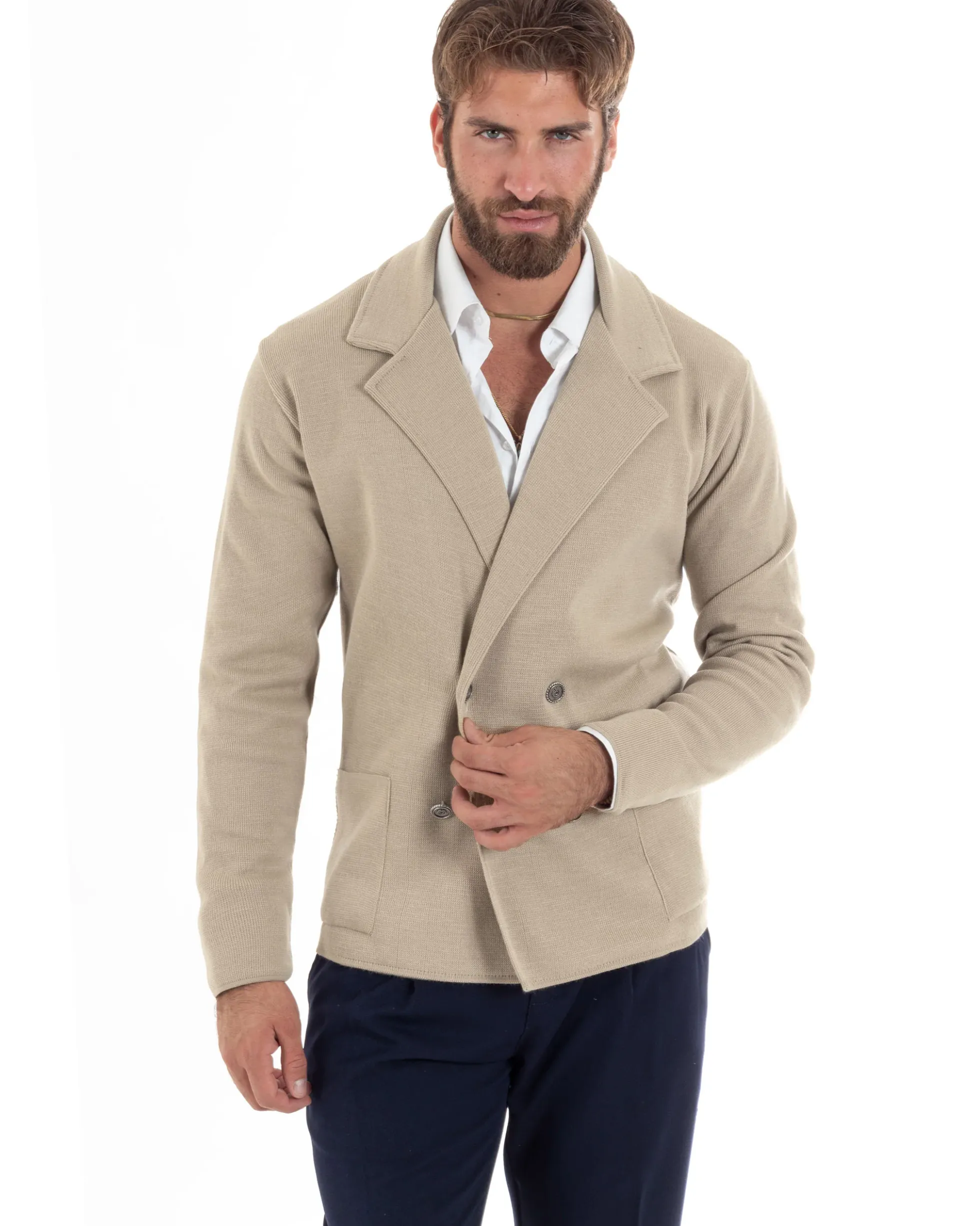 Cardigan uomo doppiopetto giacca bottoni metallo maglia links cotone casual beige GIOSAL-M2988A