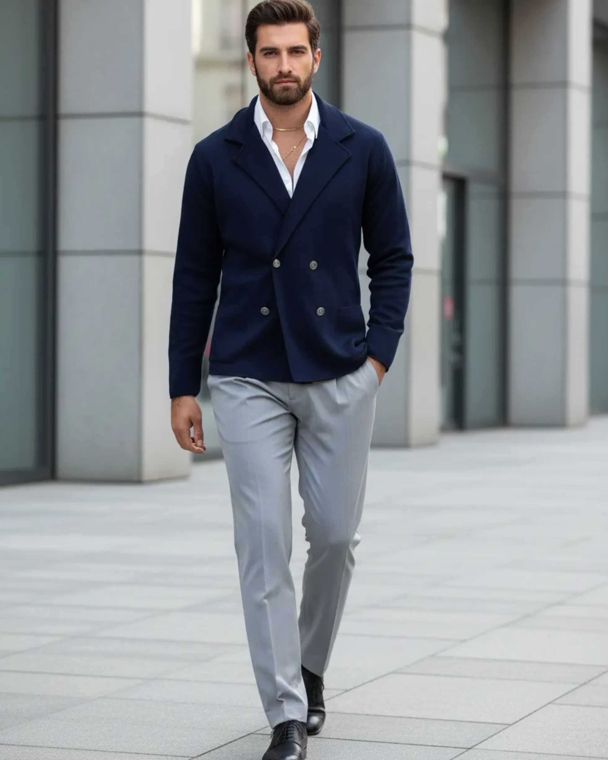 Cardigan uomo doppiopetto giacca con bottoni in metallo maglia links blu GIOSAL-M2892A