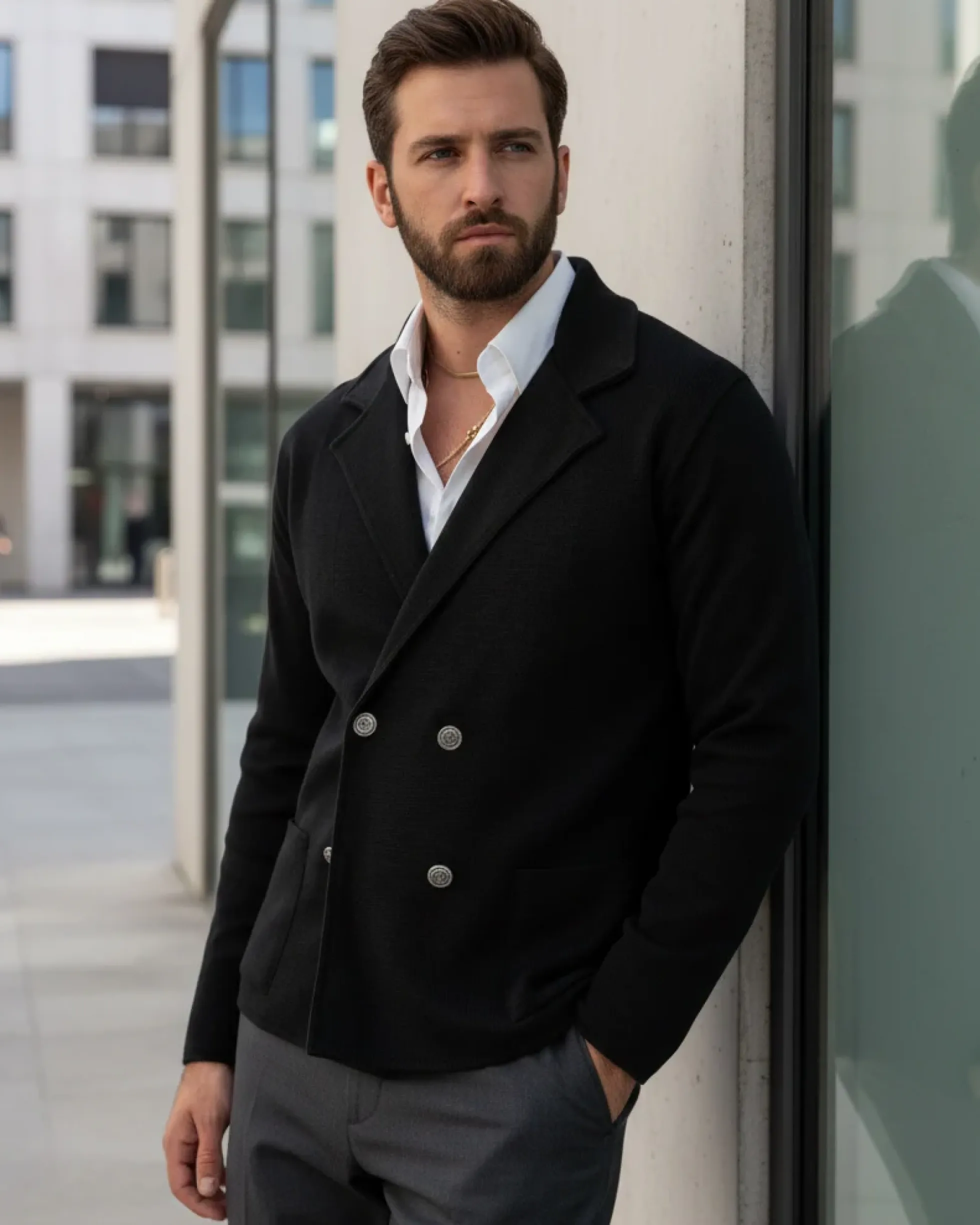 Cardigan uomo doppiopetto giacca con bottoni in metallo maglia links nero GIOSAL-M2894A