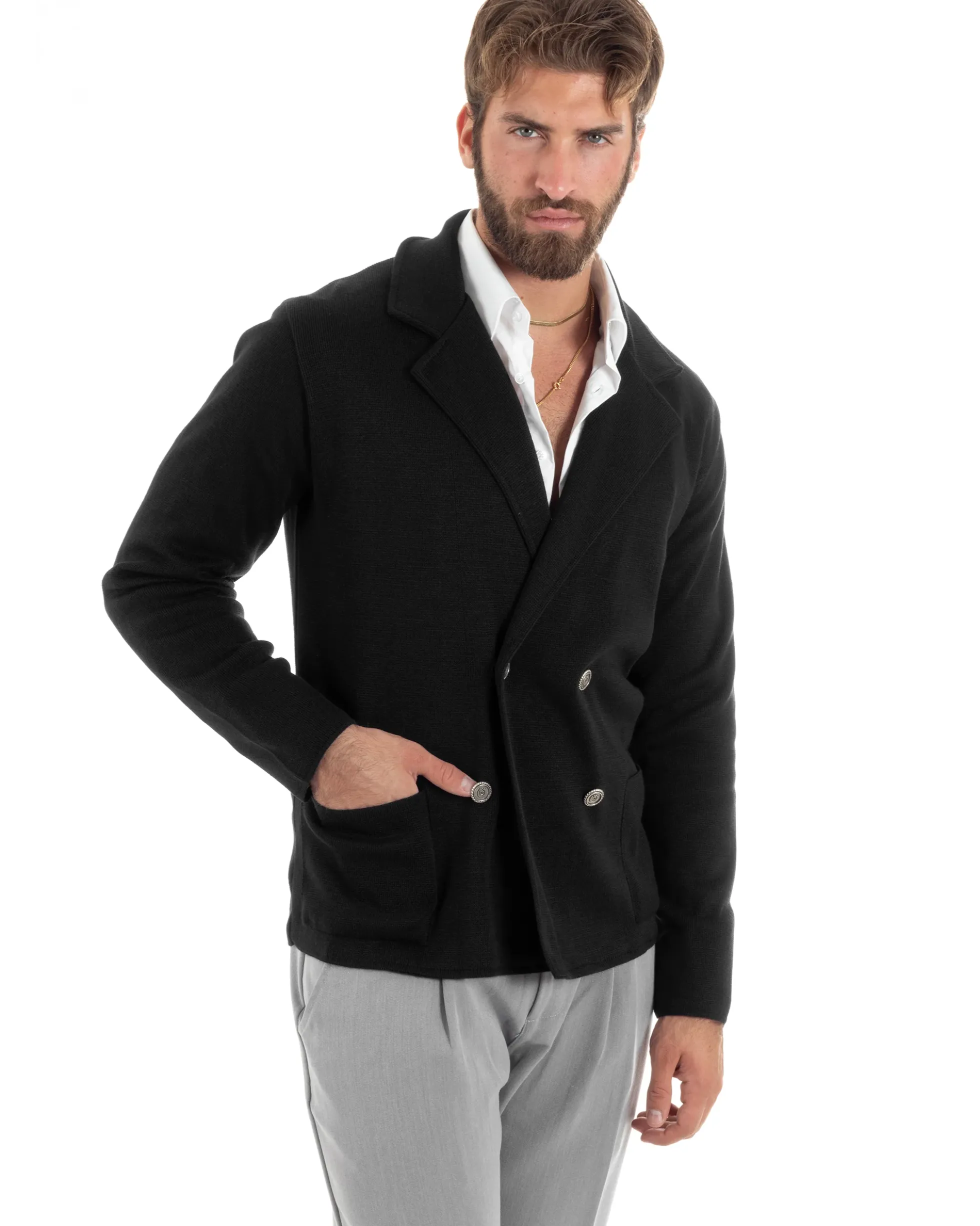 Cardigan uomo doppiopetto giacca con bottoni in metallo maglia links nero GIOSAL-M2894A