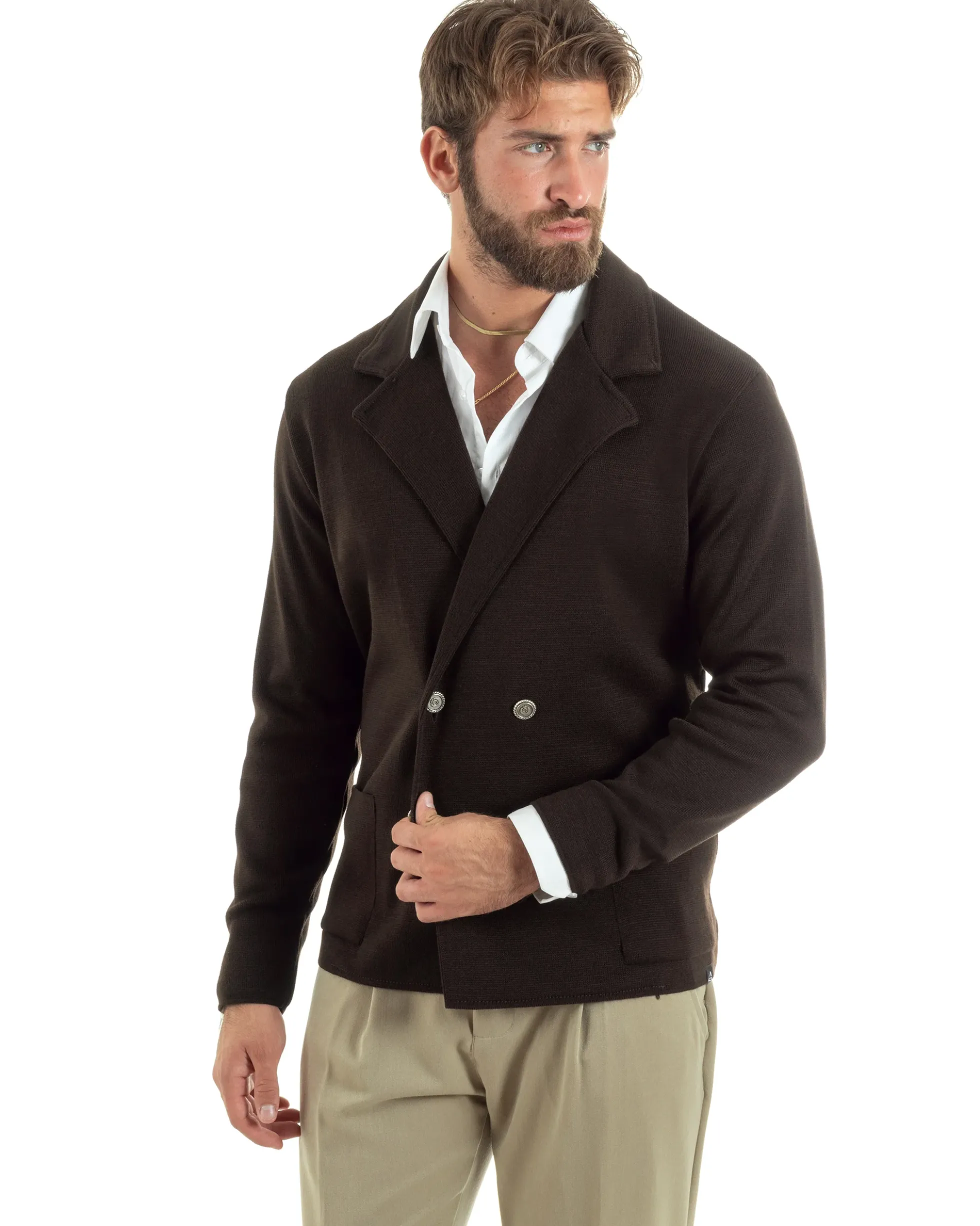 Cardigan uomo doppiopetto giacca bottoni metallo maglia links marrone GIOSAL-M2896A