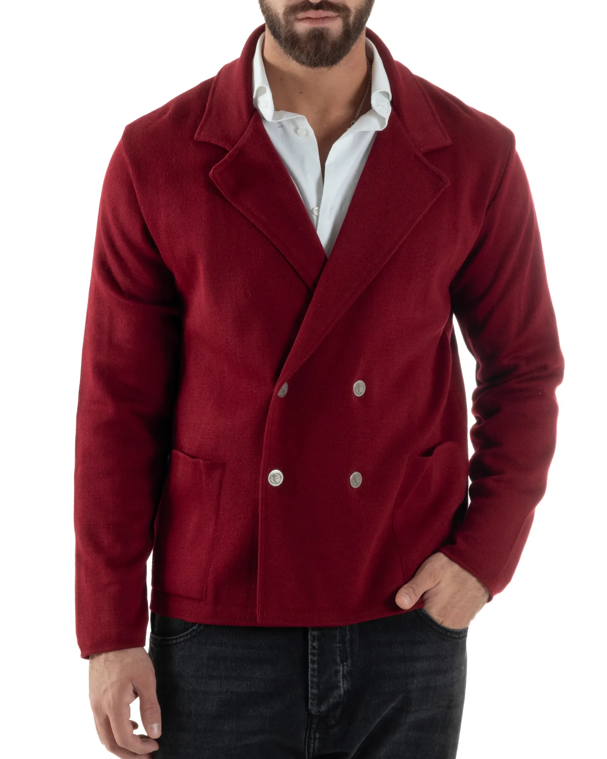Cardigan uomo doppiopetto giacca bottoni metallo maglia links bordeaux GIOSAL-M3041A