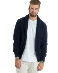 Cardigan uomo giacca bottoni maglia tasche toppa maglioncino collo scialle casual blu GIOSAL-M2736A