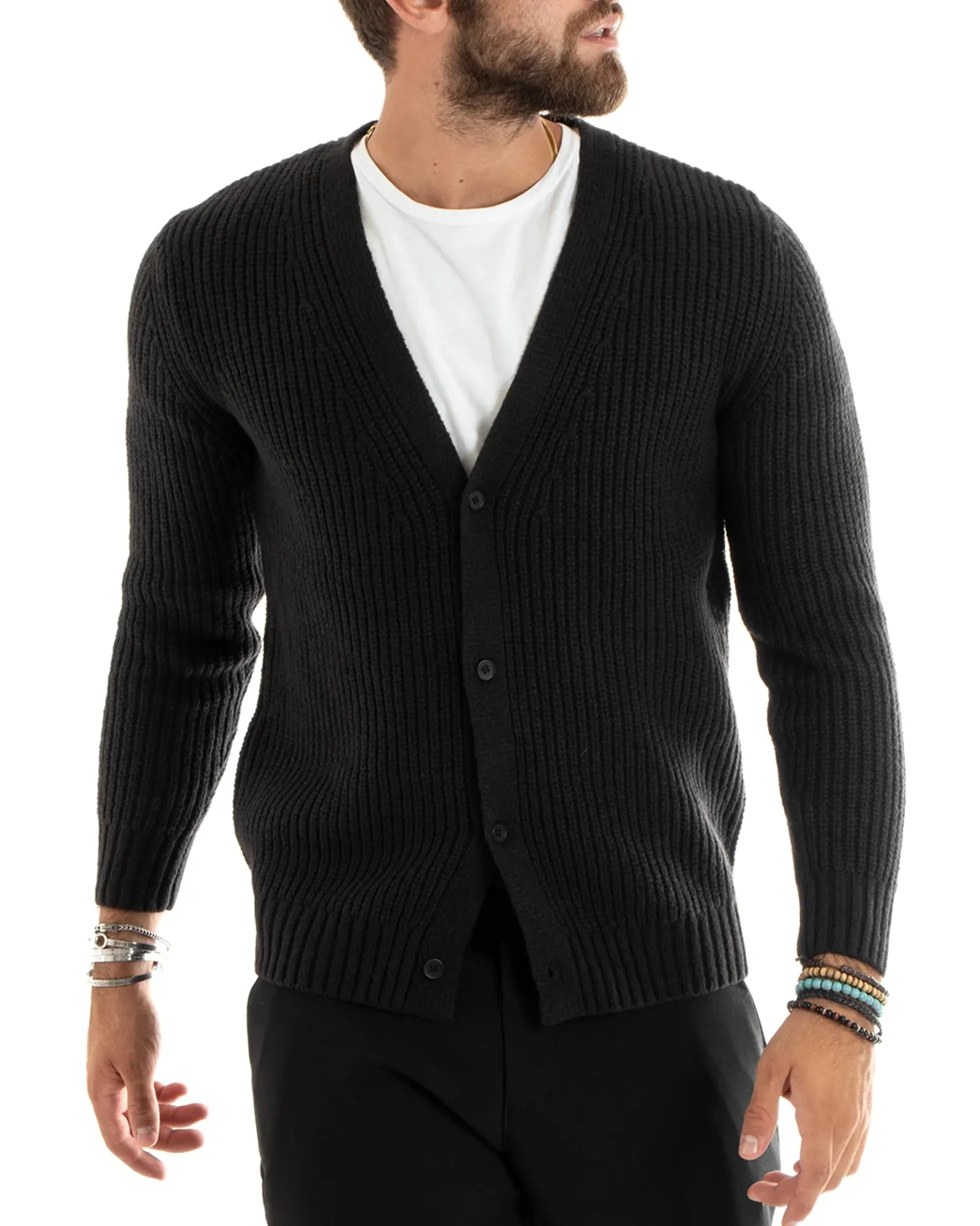 Cardigan Uomo Giacca Con Bottoni Maglioncino Scollo V Maglia Inglese Nero GIOSAL-M2694A