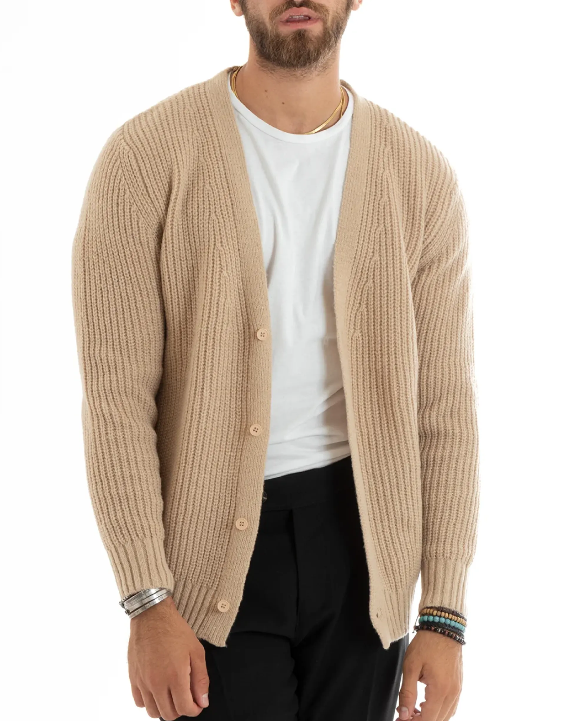 Cardigan Uomo Giacca Con Bottoni Maglioncino Scollo V Maglia Inglese Beige GIOSAL-M2693A